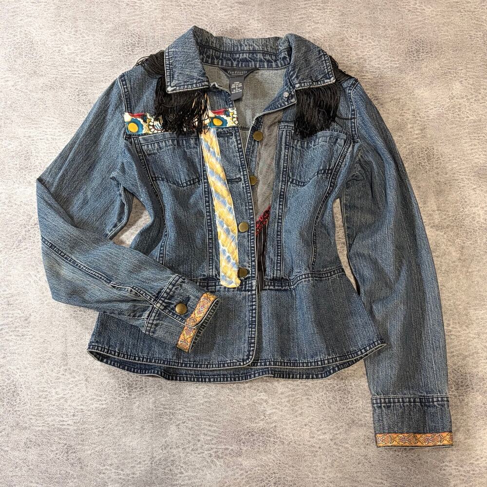 Vintage Embroidered Fringe Tie Denim Jacket
